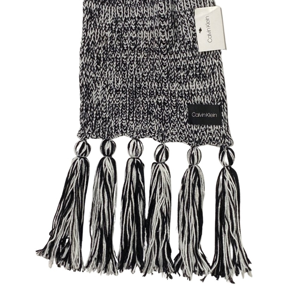 Calvin Klein Scarf, Black & White w/ Long Knotted Tassel Fringe, Wool Blend